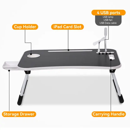 LapFlow™ Laptop Bed Desk – Foldable Lap Desk with 4 USB Ports, Drawer & Cup Holder